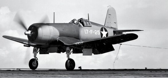VF-17 F4U-1 Birdcage Corsair 17-F-25 with white fuselage numbers and no Jolly Rogers emblem
