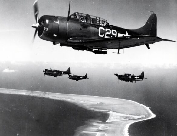 Fresh blue-bordered national insignia on a weathered SBD Dauntless training aircraft.
