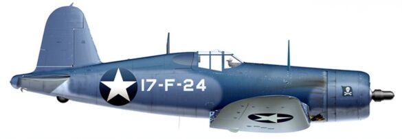 VF-17 F4U-1 Birdcage Corsair 17-F-24 showing white folding wing undersides during field repaint