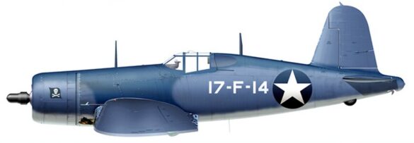 VF-17 F4U-1 Birdcage Corsair parked on USS Bunker Hill before Pacific deployment