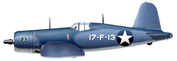 VF-17 F4U-1 Birdcage Corsair parked on USS Bunker Hill before Pacific deployment