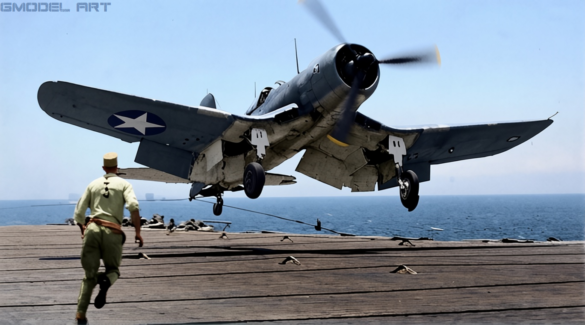VF-17 F4U-1 Birdcage Corsair showing the transition from Blue Gray to U.S. Navy Tricolor camouflage