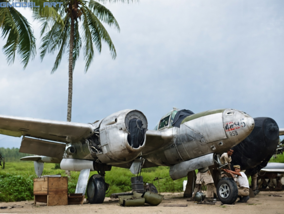 Damaged Lockheed P-38 Lightning abandoned on a tropical Pacific airfield