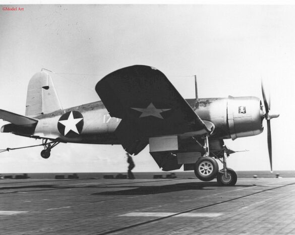 Line of VF-17 F4U-1 Birdcage Corsair fighters displaying different camouflage and production variations