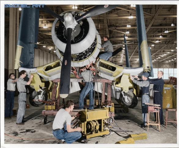 F4U-1 Corsair engine compartment with cowling panels removed"