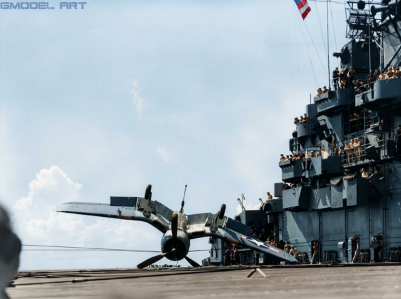 VF-17 F4U-1 Birdcage Corsair showing the transition from Blue Gray to U.S. Navy Tricolor camouflage