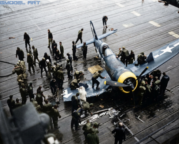 USS Bunker Hill CV-17 flight deck with F4U Corsairs in 1945