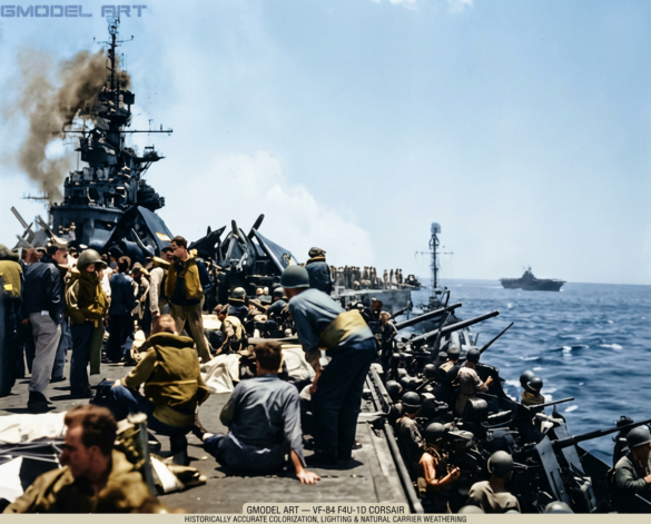VF-84 F4U-1D Corsairs preparing for launch aboard USS Bunker Hill
