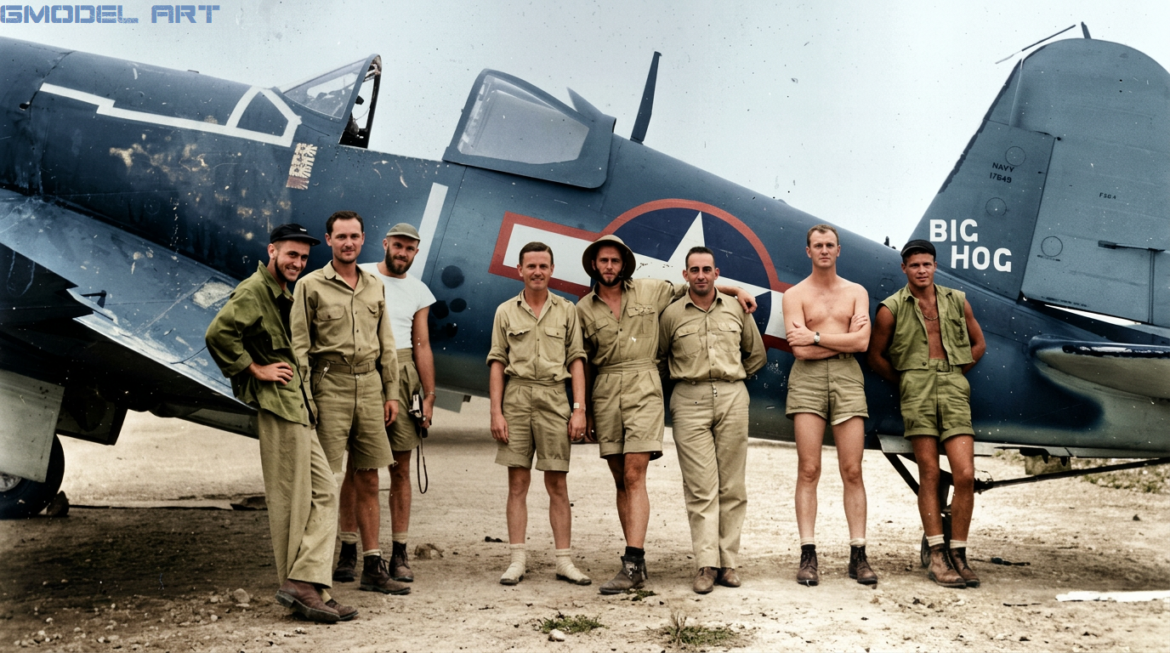 Victory markings beneath the cockpit of F4U-1A Corsair "Big Hog" BuNo 17649, the personal aircraft of Lt. Cmdr. John T. "Tommy" Blackburn, VF-17 Jolly Rogers.