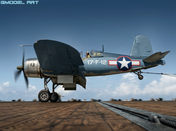 VF-17 F4U-1 Birdcage Corsair 17-F-25 with white fuselage numbers and no Jolly Rogers emblem