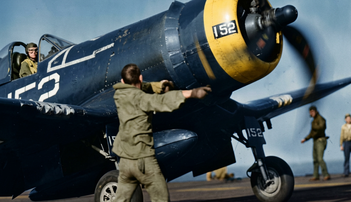 VF-84 Corsairs on the flight deck of USS Bunker Hill during Pacific operations