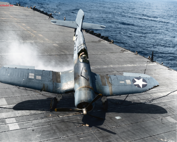 Line of VF-17 F4U-1 Birdcage Corsair fighters displaying different camouflage and production variations
