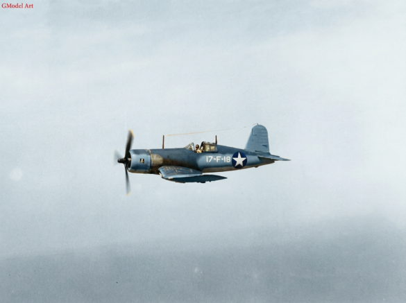 VF-17 F4U-1 Birdcage Corsair showing the transition from Blue Gray to U.S. Navy Tricolor camouflage