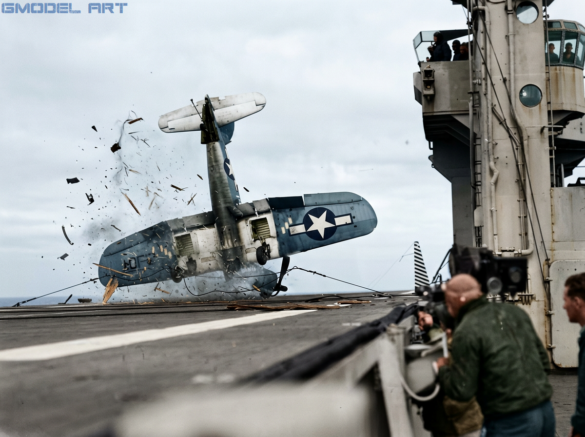 VF-17 F4U-1 Birdcage Corsair showing the transition from Blue Gray to U.S. Navy Tricolor camouflage