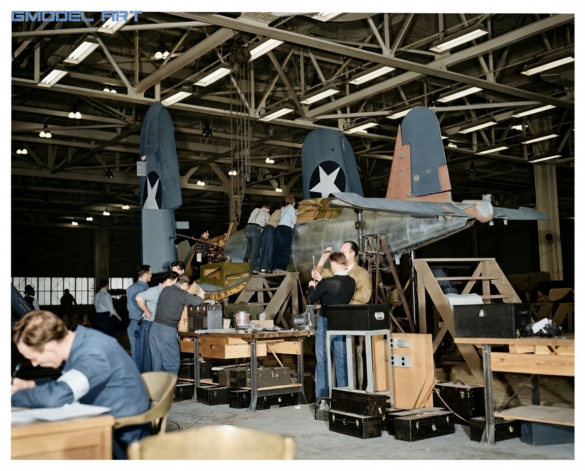 Early Vought F4U-1 Birdcage Corsair on the Vought production line"