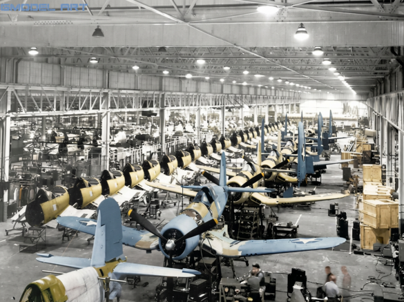 Early Vought F4U-1 Birdcage Corsair on the Vought production line"