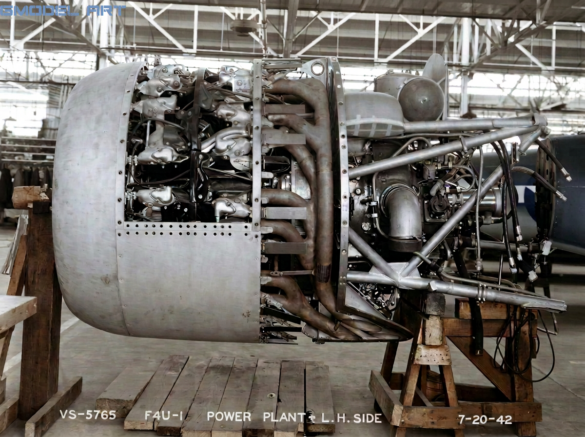 F4U-1 Corsair engine compartment with cowling panels removed"