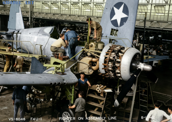 F4U-1 Corsair engine compartment with cowling panels removed"