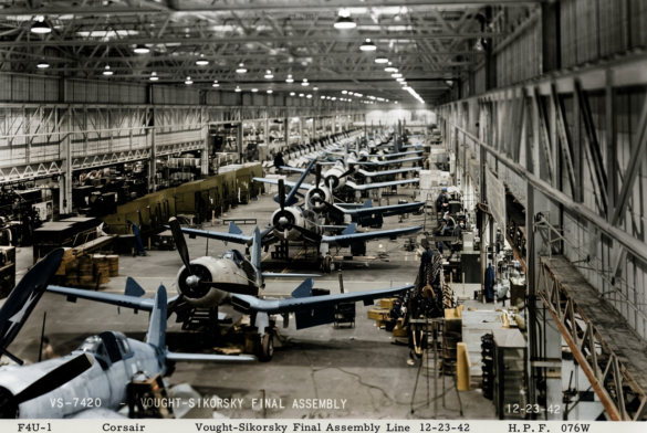 Early Vought F4U-1 Birdcage Corsair on the Vought production line"