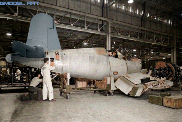 F4U-1 Corsair engine compartment with cowling panels removed"