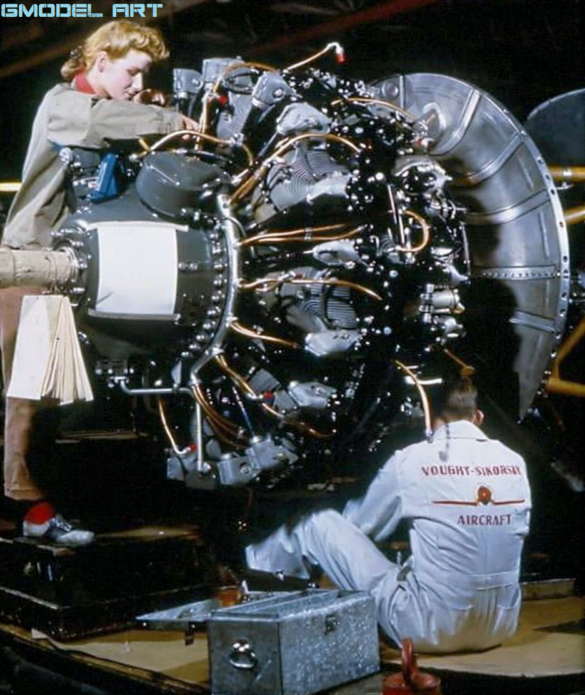 F4U-1 Corsair engine compartment with cowling panels removed"