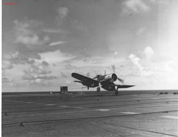 Line of VF-17 F4U-1 Birdcage Corsair fighters displaying different camouflage and production variations