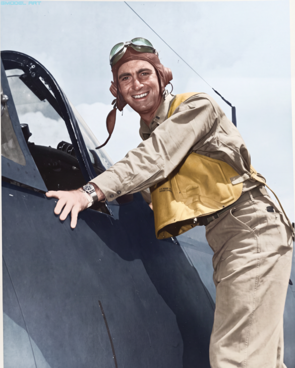 Ira C. Kepford with his F4U-1A Corsair White 29 of VF-17 Jolly Rogers.