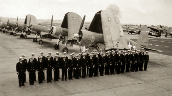 Ira C. Kepford with his F4U-1A Corsair White 29 of VF-17 Jolly Rogers.