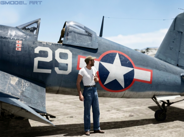 Ira C. Kepford with his F4U-1A Corsair White 29 of VF-17 Jolly Rogers.