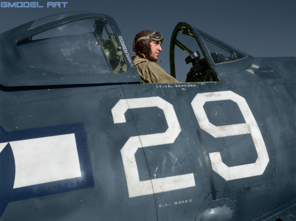 Ira C. Kepford with his F4U-1A Corsair White 29 of VF-17 Jolly Rogers.