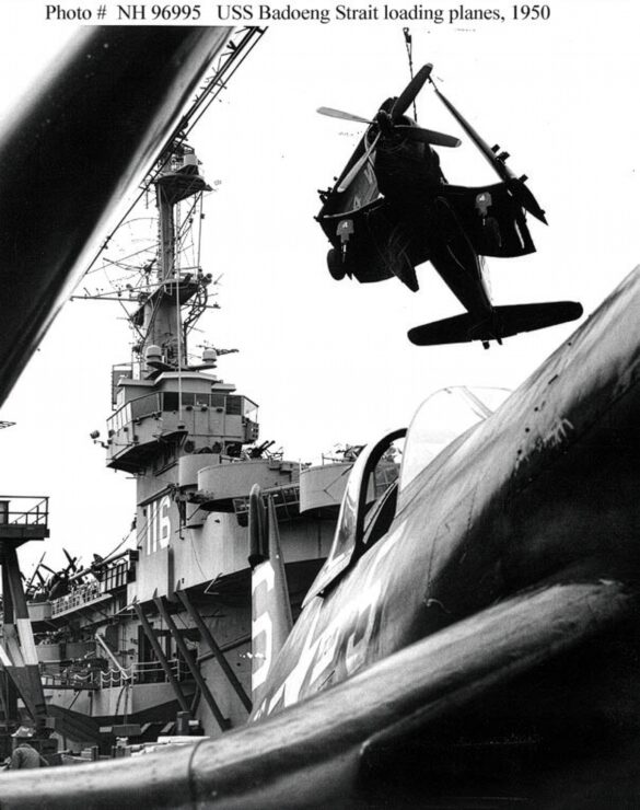 F4U Corsair undergoing overhaul inside NAS Jacksonville maintenance hangar