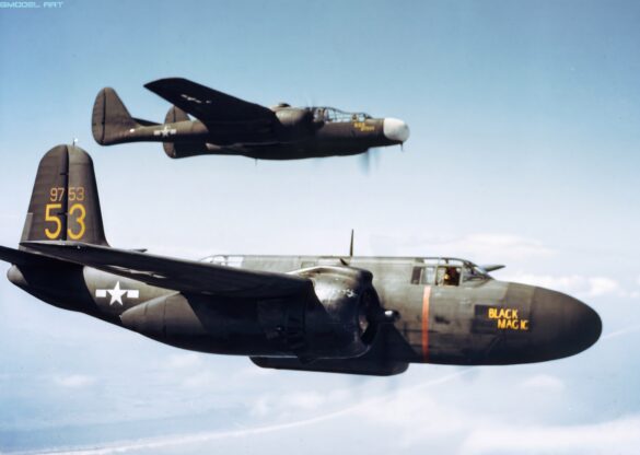 Historical reference image illustrating the overall black finish associated with American night-fighter camouflage.