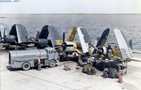 F4U Corsair undergoing overhaul inside NAS Jacksonville maintenance hangar