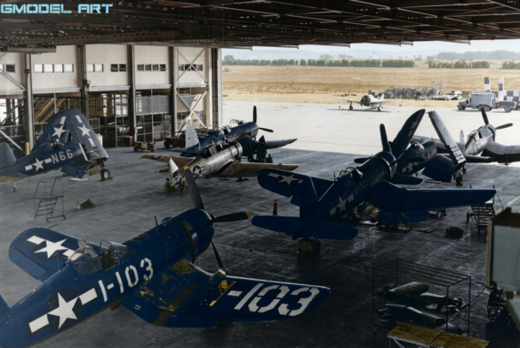 F4U Corsair undergoing overhaul inside NAS Jacksonville maintenance hangar