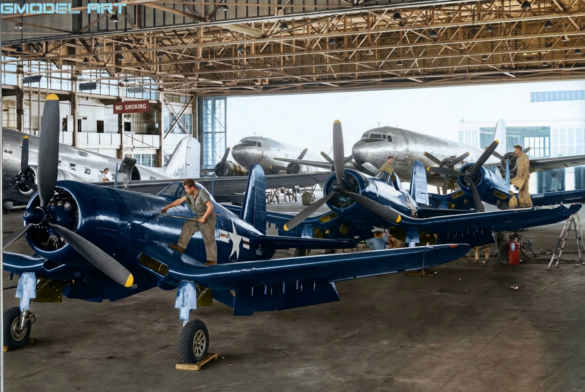 F4U Corsair undergoing overhaul inside NAS Jacksonville maintenance hangar