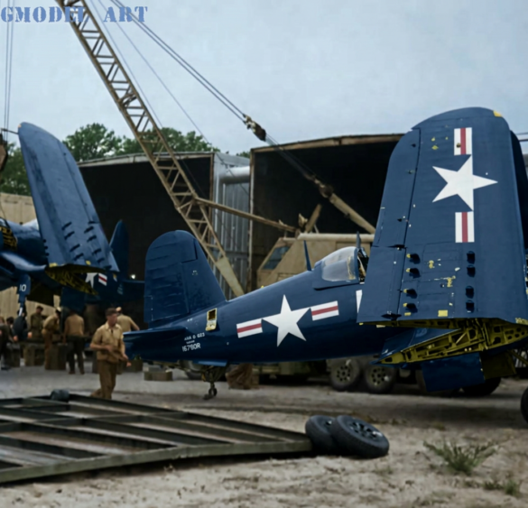 F4U Corsair undergoing overhaul inside NAS Jacksonville maintenance hangar