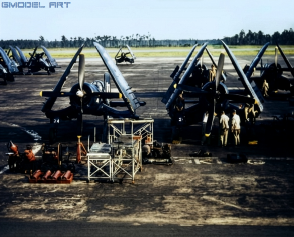 F4U Corsair undergoing overhaul inside NAS Jacksonville maintenance hangar