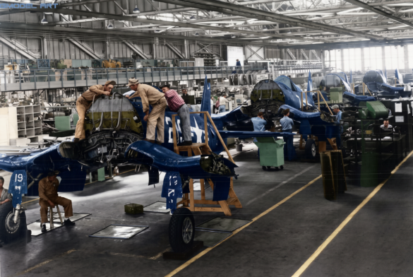 F4U Corsair undergoing overhaul inside NAS Jacksonville maintenance hangar