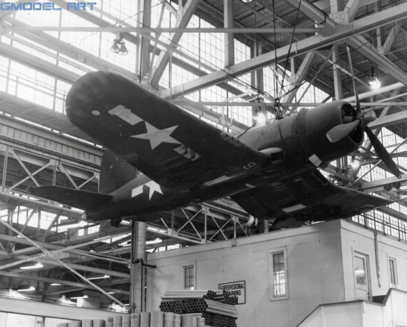 F4U Corsair undergoing overhaul inside NAS Jacksonville maintenance hangar