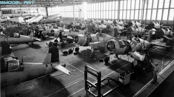 F4U Corsair undergoing overhaul inside NAS Jacksonville maintenance hangar