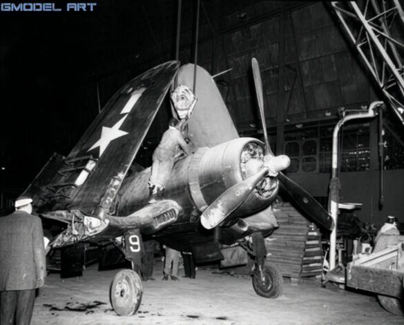 F4U Corsair undergoing overhaul inside NAS Jacksonville maintenance hangar