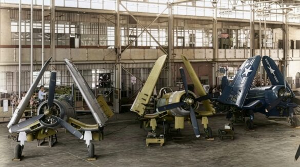 F4U Corsair undergoing overhaul inside NAS Jacksonville maintenance hangar