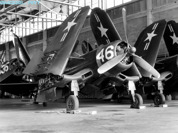 F4U Corsair undergoing overhaul inside NAS Jacksonville maintenance hangar