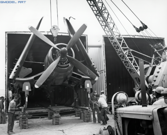 F4U Corsair undergoing overhaul inside NAS Jacksonville maintenance hangar