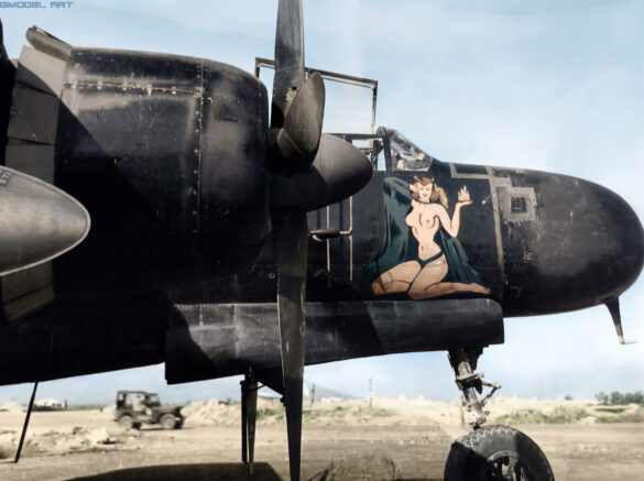 Northrop P-61 Black Widow in overall black night-fighter camouflage during World War II.
