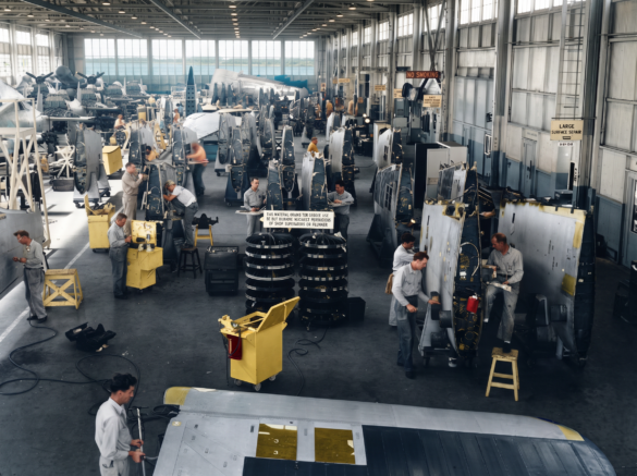 F4U Corsair undergoing overhaul inside NAS Jacksonville maintenance hangar
