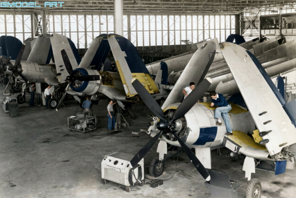 F4U Corsair undergoing overhaul inside NAS Jacksonville maintenance hangar