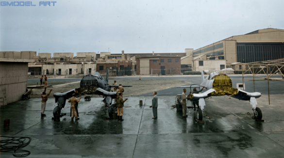 F4U Corsair undergoing overhaul inside NAS Jacksonville maintenance hangar