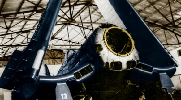 F4U Corsair undergoing overhaul inside NAS Jacksonville maintenance hangar