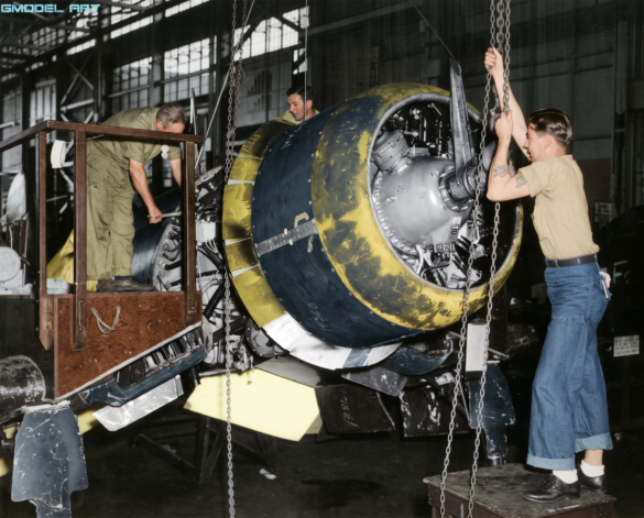 F4U Corsair undergoing overhaul inside NAS Jacksonville maintenance hangar